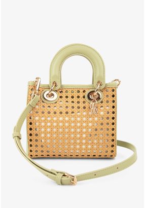 PU Leather Faux Straw Handbag