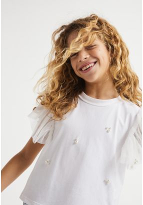 Faux Pearls Embellished Mesh T Shirt