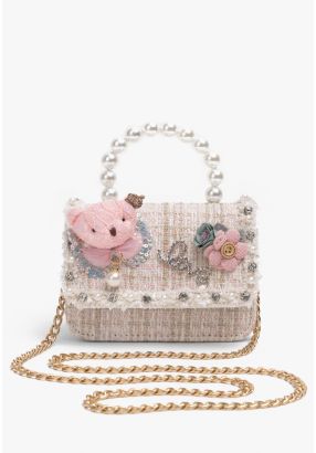 Faux Pearls Handle Tweed Crossbody Bag