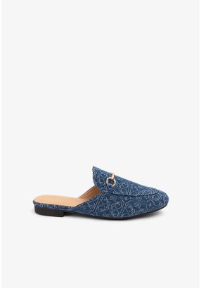 Printed Denim Horse Bit Mules