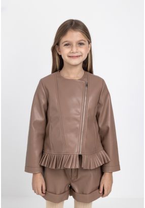 Solid PU Leather Ruffled Jacket