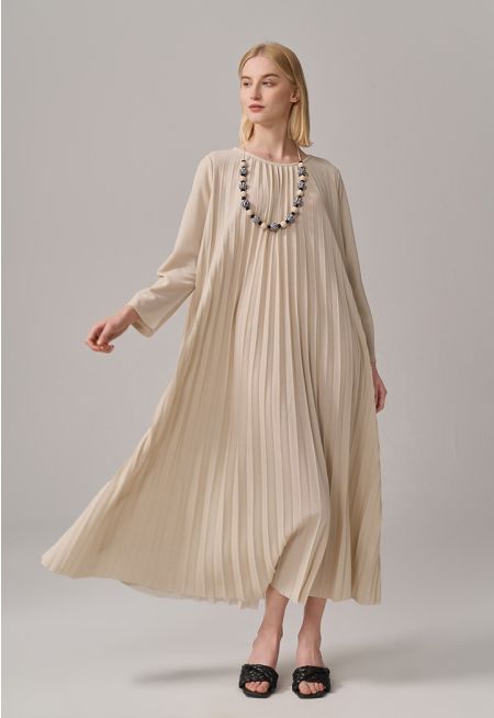 Solid Long Sleeve Pleated Dress