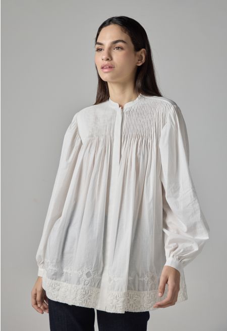 Embroidered Long Sleeves Pleated Shirt